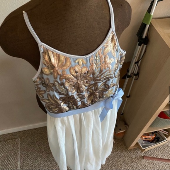 Girls Ballerina Dress in Baby Blue with Gold Sequins, double tulle skirt - Picture 3 of 15